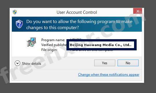 Screenshot where Beijing Haowang Media Co., Ltd. appears as the verified publisher in the UAC dialog